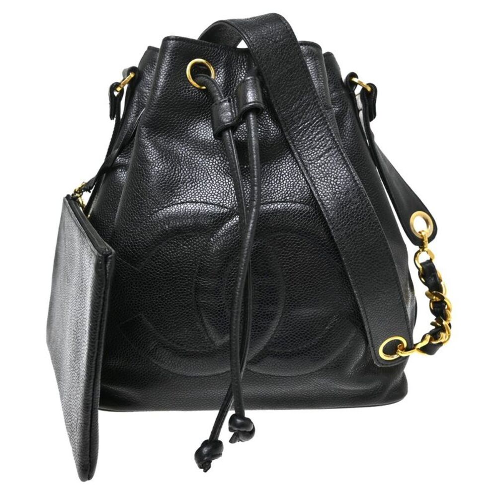 Chanel Vintage Cc Drawstring Chain Leather Black Leather Shoulder Bag Bag